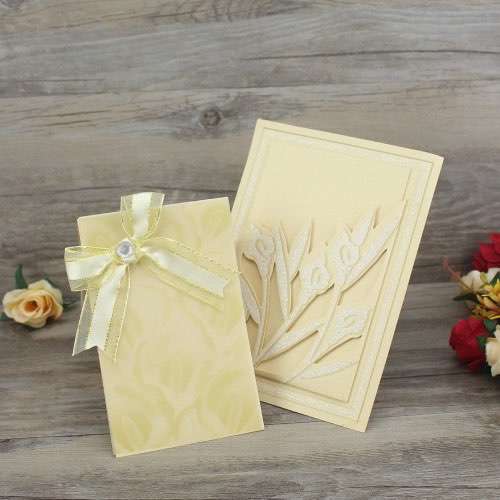Faint Yellow Invitation Card with Ribbon Bow  Beautiful Invitation Customized 